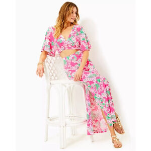 Lilly Pulitzer Minka Maxi Skirt Crop Top Set S Roxie Pink Floral Summer Festive
